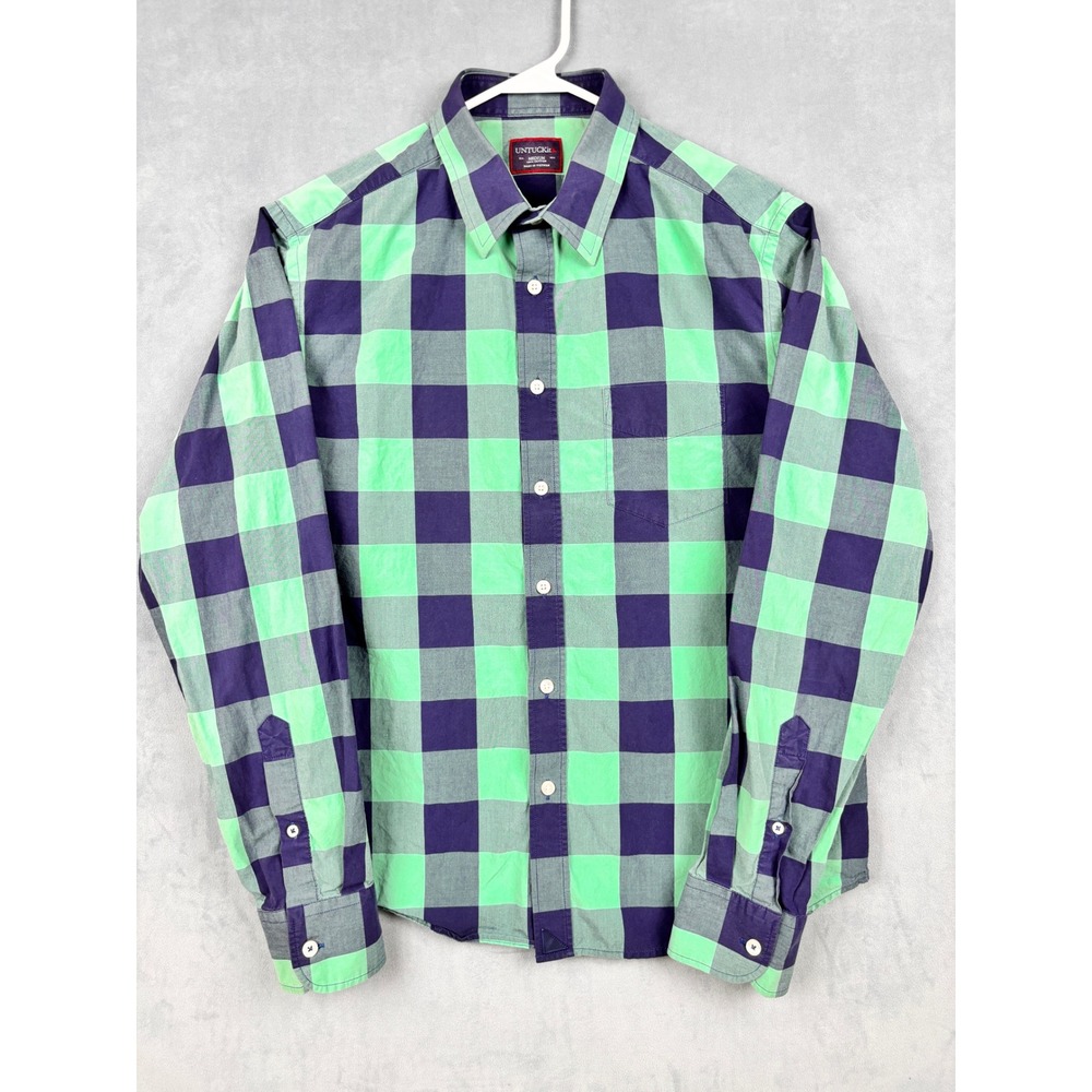 UNTUCKit‎ Mens Medium Green Navy Blue Buffalo Check Cotton Button Down Shirt